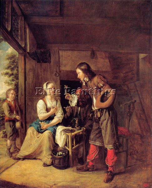 PIETER DE HOOCH A MAN OFFERING A GLASS OF WINE TO A WOMAN ARTIST PAINTING CANVAS