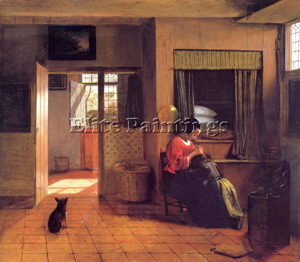 PIETER DE HOOCH A MOTHER AND CHILD WITH ITS HEAD IN HER LAP ARTIST PAINTING OIL