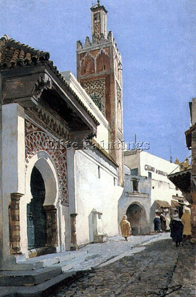 MANUEL GARCIA Y RODRIGUEZ A STREET SCENE WITH A MOSQUE TANGIER PAINTING HANDMADE