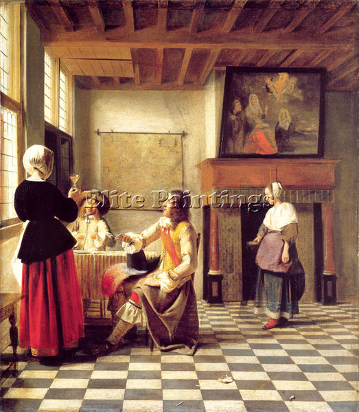 PIETER DE HOOCH A WOMAN DRINKING WITH TWO MEN AND A SERVING WOMAN ARTIST CANVAS