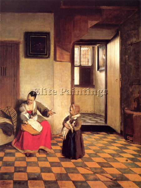 PIETER DE HOOCH A WOMAN WITH A BABY IN HER LAP AND A SMALL CHILD ARTIST PAINTING