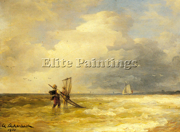 GERMAN ACHEBACH ANDREAS FISHING ALONG THE SHORE ARTIST PAINTING REPRODUCTION OIL
