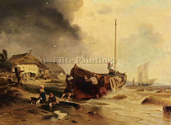 GERMAN ACHENBACH ANDREAS A FISHINGBOAT ON THE BEACH ARTIST PAINTING REPRODUCTION