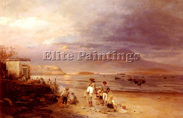 GERMAN ACHENBACH OSWALD FISHERMEN WITH BAY NAPLES AND VESUVIUS BEYOND ARTIST OIL