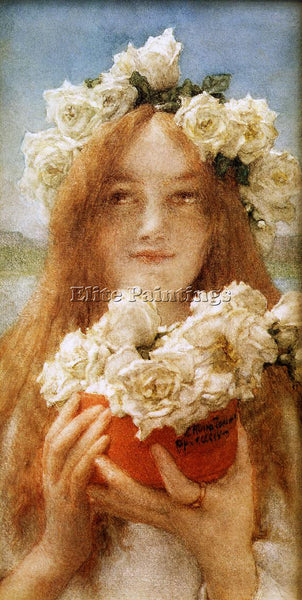 SIR LAWRENCE ALMA-TADEMA  SUMMER OFFERING YOUNG GIRL WITH ROSES ARTIST PAINTING
