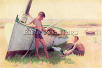 THOMAS POLLOCK ANSCHUTZ TWO BOYS BY A BOAT NEAR CAPE MAY ARTIST PAINTING CANVAS