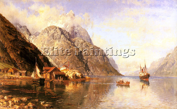 SWEDEN ASKEVOLD ANDERS MONSEN VILLAGE ON A FJORD ARTIST PAINTING HANDMADE CANVAS