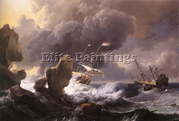 HOLLAND BACKHUYSEN LUDOLF SHIPS IN DISTRESS OFF A ROCKY COAST PAINTING HANDMADE