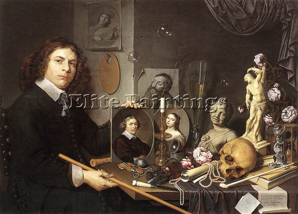 ITALIAN BAGLIONE GIOVANNI SELF PORTRAIT WITH VANITAS SYMBOLS ARTIST PAINTING OIL