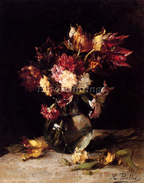 BELGIAN BELLIS HUBERT STILL LIFE OF TULIPS AND CARNATIONS IN A VASE PAINTING OIL