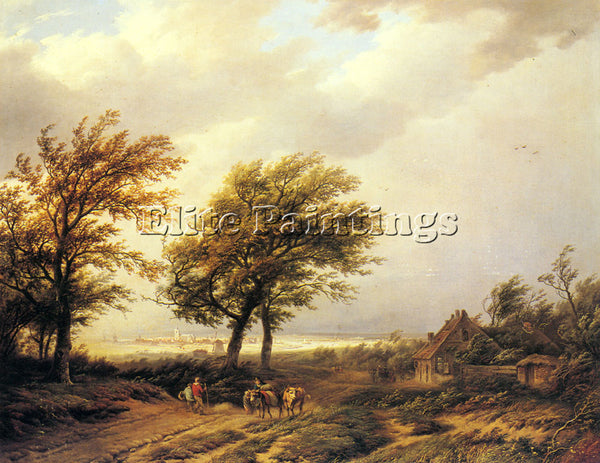 BODEMAN WILLEM TRAVELLERS IN EXTENSIVE LANDSCAPE WITH TOWN BEYOND ARTIST CANVAS