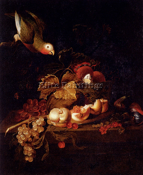BOGDANY STILL LIFE GRAPES HALVED PEACH CHERRIES RESTING ON TABLE WITH PARROT OIL