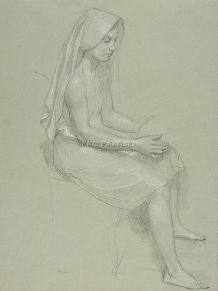 BOUGUEREAU STUDY OF A SEATED VEILED FEMALE FIGURE 19TH CENTURY PAINTING HANDMADE