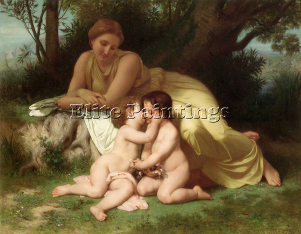 BOUGUEREAU YOUNG WOMAN CONTEMPLATING TWO EMBRACING CHILDREN ARTIST PAINTING OIL