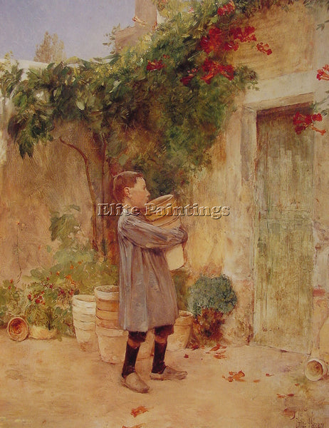 CHILDE HASSAM BOY WITH FLOWER POTS ARTIST PAINTING REPRODUCTION HANDMADE OIL ART