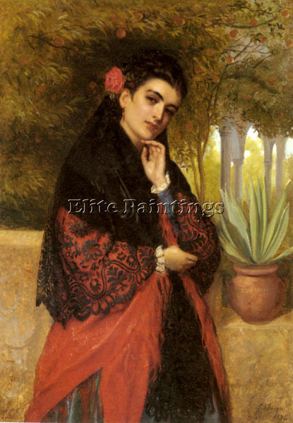 BRITISH BURGESS JOHN BAGNOLD SPANISH BEAUTY IN RED AND BLACK LACE SHAWL PAINTING