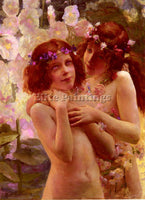 FRENCH BUSSIERE GASTON DEUX ENFANTS AUX COURONNES DE FLEURS ARTIST PAINTING OIL