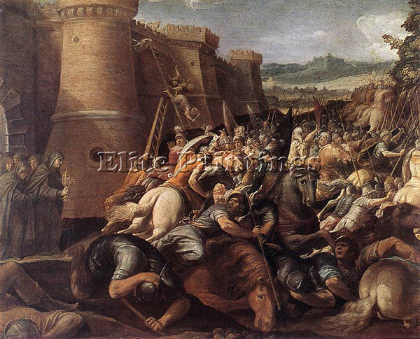 GIUSEPPE CESARI ST CLARE WITH THE SCENE OF THE SIEGE OF ASSISI PAINTING HANDMADE