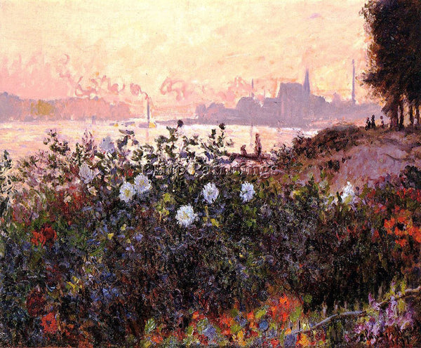 CLAUDE MONET ARGENTEUIL FLOWERS BY THE RIVERBANK ARTIST PAINTING HANDMADE CANVAS