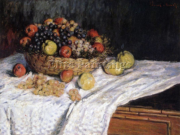 CLAUDE MONET FRUIT BASKET WITH APPLES AND GRAPES ARTIST PAINTING HANDMADE CANVAS