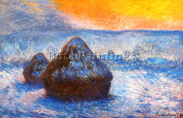 CLAUDE MONET GRAINSTACKS AT SUNSET SNOW EFFECT ARTIST PAINTING REPRODUCTION OIL