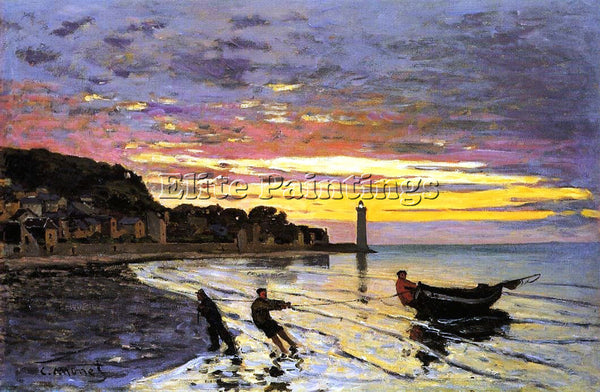 CLAUDE MONET HAULING A BOAT ASHORE HONFLEUR ARTIST PAINTING HANDMADE OIL CANVAS