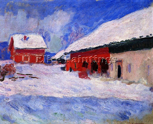 CLAUDE MONET RED HOUSES AT BJORNEGAARD IN THE SNOW NORWAY ARTIST PAINTING CANVAS