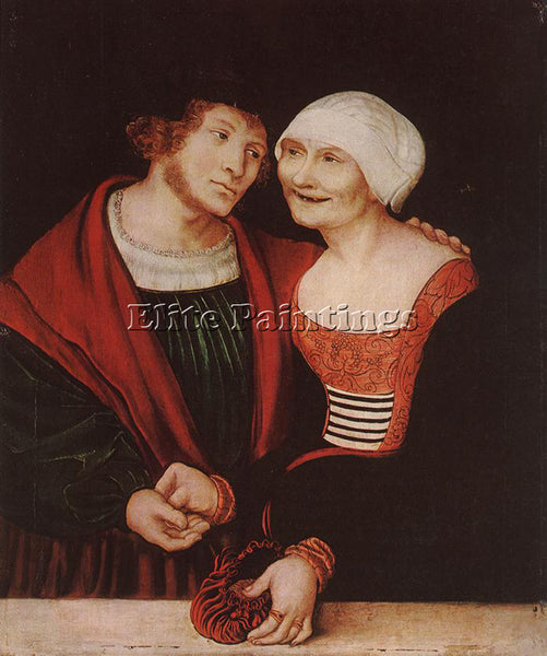 LUCAS CRANACH THE ELDER AMOROUS OLD WOMAN AND YOUNG MAN ARTIST PAINTING HANDMADE