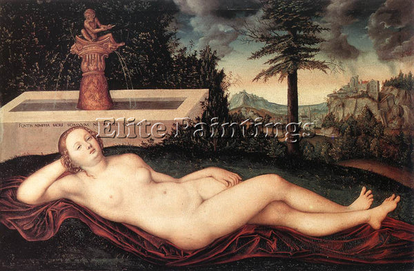 LUCAS CRANACH THE ELDER RECLINING RIVER NYMPH AT THE FOUNTAIN PAINTING HANDMADE