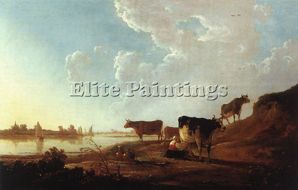 AELBERT CUYP RIVER SCENE WITH MILKING WOMAN ARTIST PAINTING HANDMADE OIL CANVAS