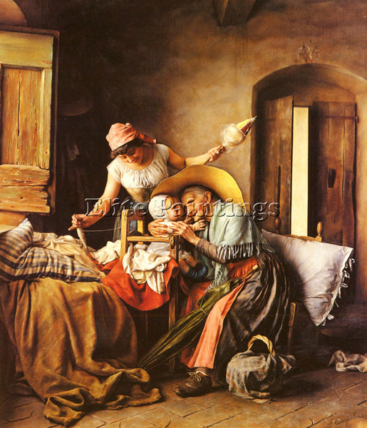 ITALIAN CAMPOLMI S A VISIT FROM GRANDMOTHER ARTIST PAINTING HANDMADE OIL CANVAS