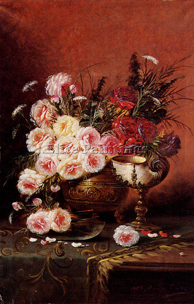 BELGIAN CARLIER MAX STILL LIFE ROSES AND NAUTILUS CUP ON DRAPED TABLE ARTIST OIL