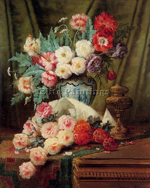 BELGIAN CARLIER MAX STILL LIFE ROSES AND OTHER FLOWERS ON DRAPED TABLE PAINTING