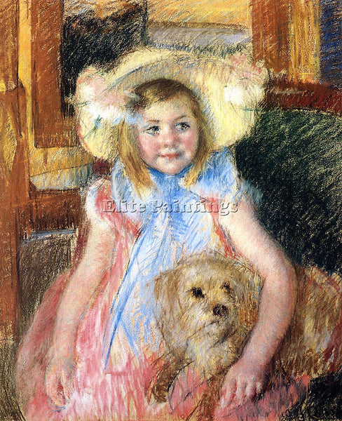 MARY CASSATT SARA IN A LARGE FLOWERED HAT LOOKING RIGHT HOLDING HER DOG PAINTING