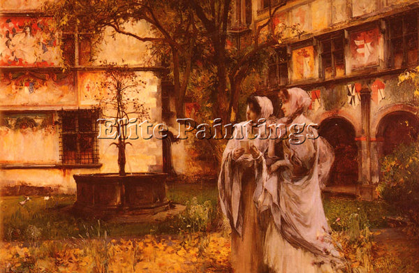 ITALIAN CAVALLERI VITTORIO ELEGANT TRAVELLERS IN AN ITALIAN CLOISTER OIL CANVAS