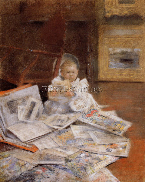 WILLIAM MERRITT CHASE CHILD WITH PRINTS ARTIST PAINTING REPRODUCTION HANDMADE
