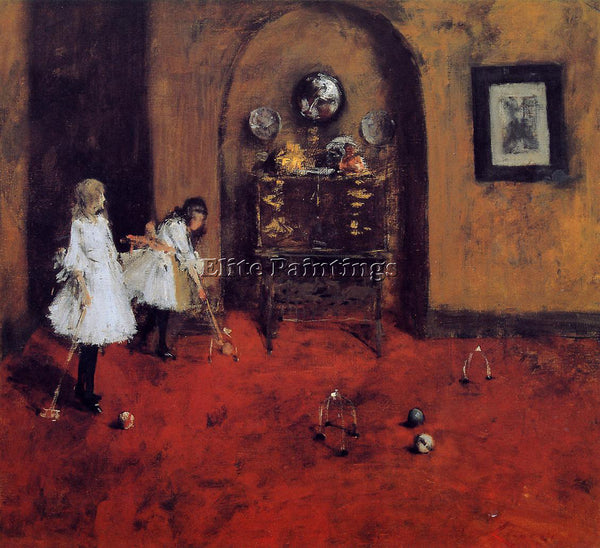WILLIAM MERRITT CHASE CHILDREN PLAYING PARLOR CROQUET SKETCH ARTIST PAINTING OIL