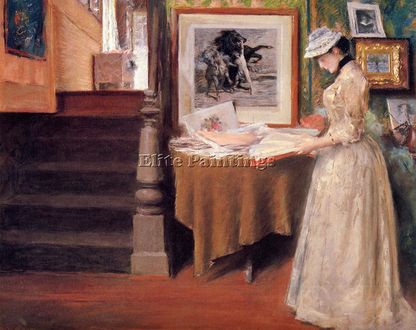 WILLIAM MERRITT CHASE INTERIOR YOUNG WOMAN AT A TABLE ARTIST PAINTING HANDMADE