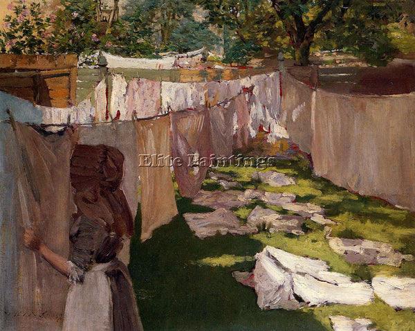 WILLIAM MERRITT CHASE WASH DAY A BACK YARK REMINISCENCE OF BROOKLYN PAINTING OIL