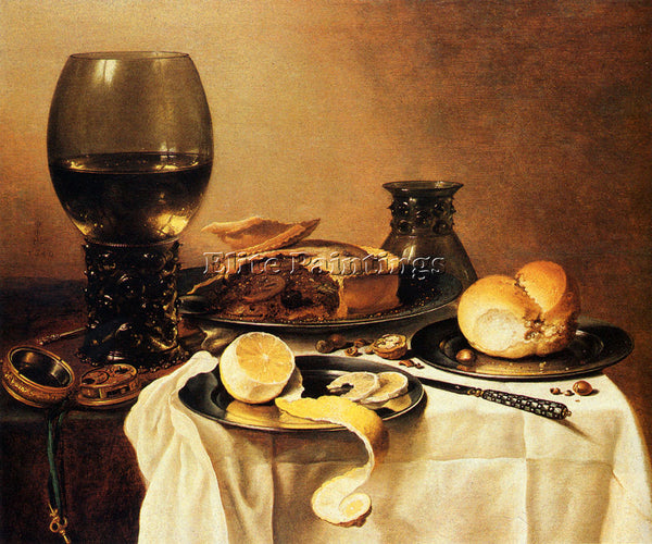 PIETER CLAESZ BREAKFAST STILL LIFE WITH ROEMER MEAT PIE LEMON AND BREAD PAINTING