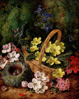 CLARE GEORGE PRIMROSES APPLE BLOSSOM AND A BIRDS NEST ON A MOSSY BANK ARTIST OIL