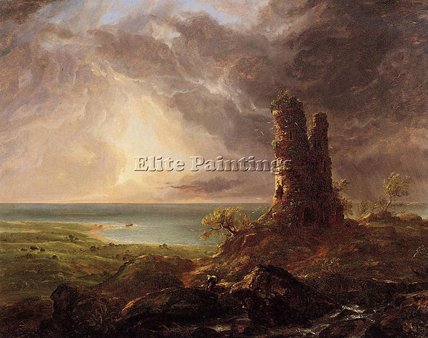 THOMAS COLE ROMANTIC LANDSCAPE WITH RUINED TOWER ARTIST PAINTING HANDMADE CANVAS