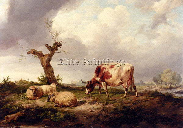 THOMAS SIDNEY COOPER A COW WITH SHEEP IN A LANDSCAPE ARTIST PAINTING HANDMADE