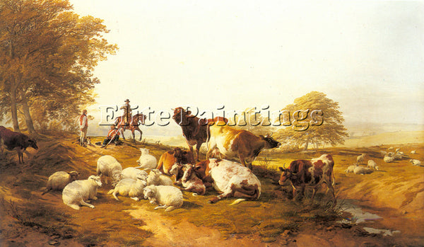 THOMAS SIDNEY COOPER CATTLE AND SHEEP RESTING IN AN EXTENSIVE LANDSCAPE PAINTING