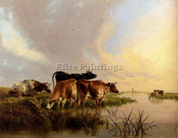 THOMAS SIDNEY COOPER CATTLE WATERING ARTIST PAINTING REPRODUCTION HANDMADE OIL