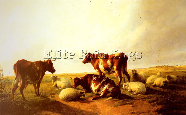 THOMAS SIDNEY COOPER CATTLE AND SHEEP IN A LANDSCAPE ARTIST PAINTING HANDMADE
