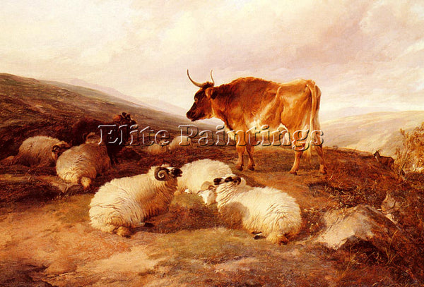 THOMAS SIDNEY COOPER RAMS AND A BULL IN A HIGHLAND LANDSCAPE ARTIST PAINTING OIL