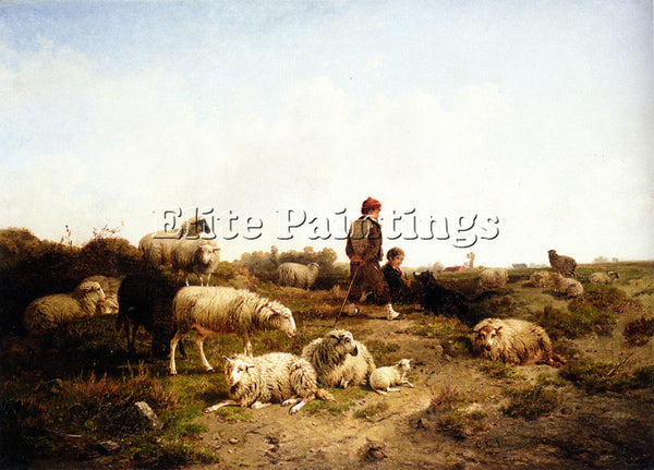 BELGIAN CORNELIS VAN LEEMPUTTEN SHEPHERD BOYS WITH THEIR FLOCK 1869 PAINTING OIL