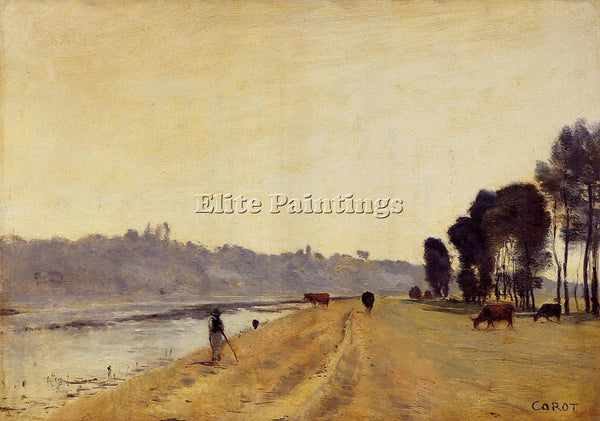 JEAN-BAPTISTE-CAMILLE COROT BANKS OF A RIVER ARTIST PAINTING HANDMADE OIL CANVAS