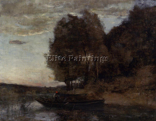 JEAN-BAPTISTE-CAMILLE COROT FISHERMAN BOATING ALONG A WOODED LANDSCAPE PAINTING